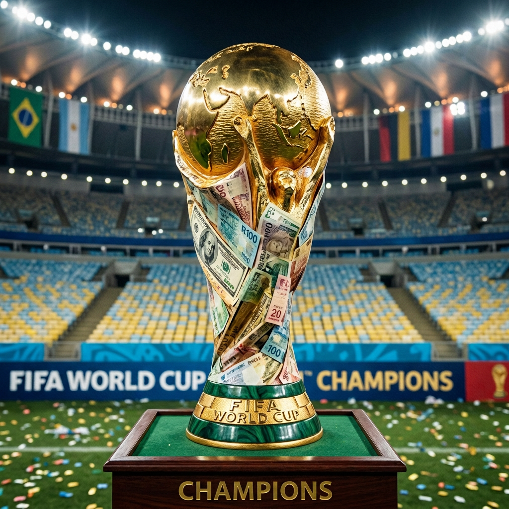 FIFA World Cup trophy decorated with multiple international currencies on a pedestal